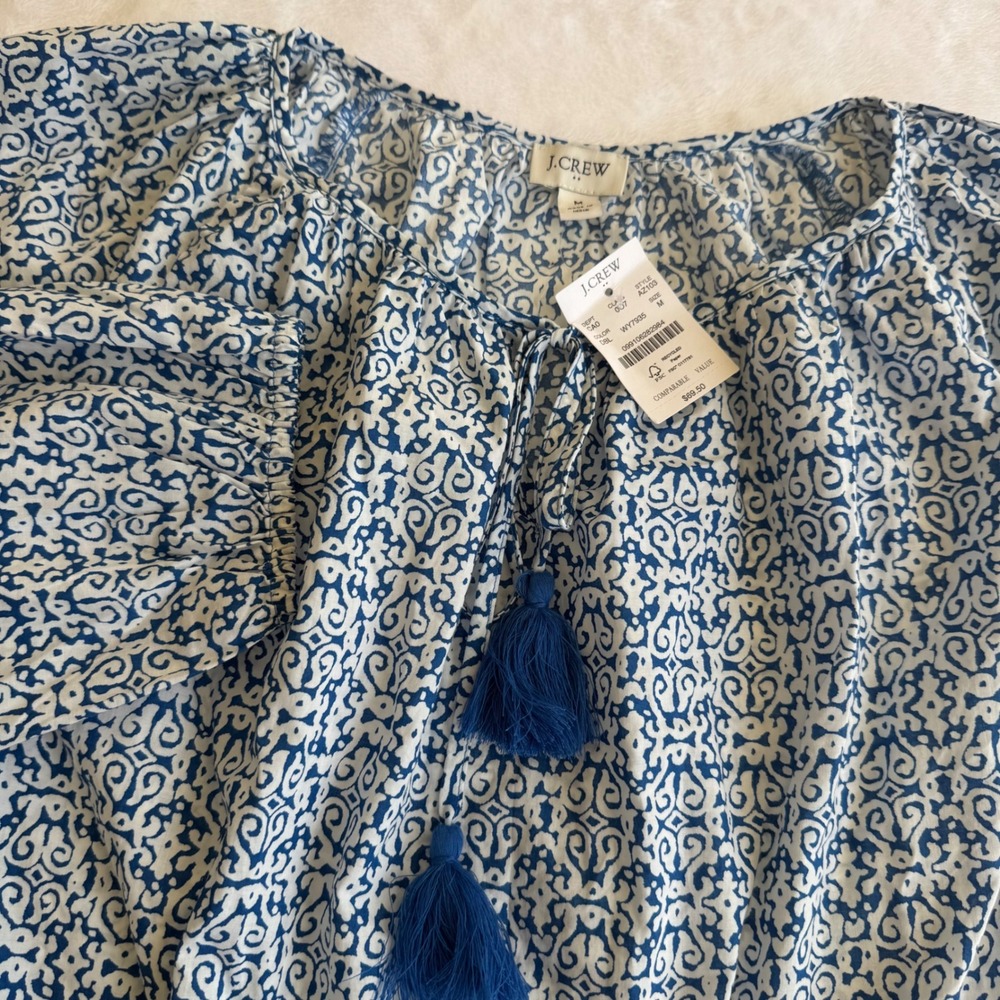 J.Crew Blue White‎ Scroll Print Tassel Tie Neck Cotton Peasant Top AZ103 Mens M